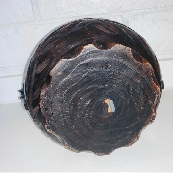 Solid Wood Carved Basket w/ Twisted Iron Handle - Picture 4 of 8